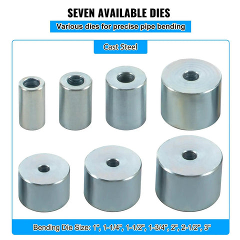 Seven interchangeable dies for Manual Pipe Bending Machine For 1 To 3 Inch Tubes A Compact Pro Grade Steel Fabrication Bender