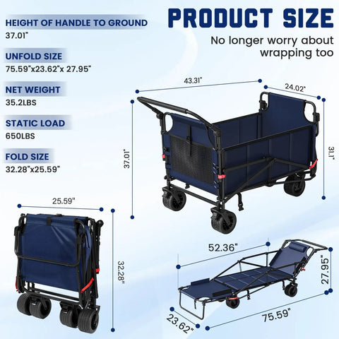Heavy Duty Folding Wagon 2 In 1 Cart And Beach Chair With All Terrain Wheels And Brakes dimensions and features
