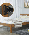 Heavy Duty Queen Bed Headboard Mounting Brackets Two Piece Steel Conversion Kit with black steel bracket on wooden bed frame