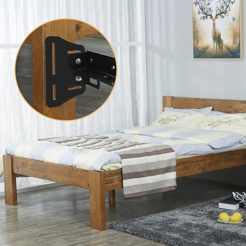 Heavy Duty Queen Bed Headboard Mounting Brackets Two Piece Steel Conversion Kit with black steel bracket on wooden bed frame