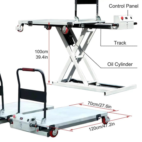 Rock Solid Electric Hydraulic Scissor Lift Cart With Six Hundred Sixty Pound Load Rating And Forty Inch Foldable Work Platform with control panel and dimensions.