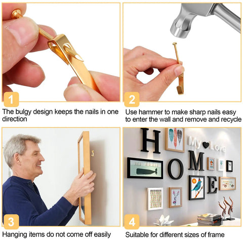 Man using 184 Piece Picture Hanging Kit With Gold Finish Hooks And Nails For Drywall And Wood Walls, 50Lb, 30Lb, 20Lb hangers on gallery wall