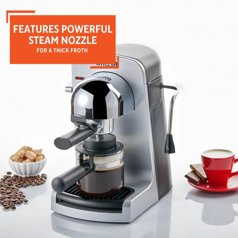 Compact Electric Bistro Style Espresso And Cappuccino Maker With Durable Glass Carafe delivers coffee with a steam nozzle.