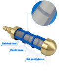 Brass and plastic pressure washer suction strainer filter for 3/4 inch and 5/8 inch hoses with stainless steel mesh inset detail.