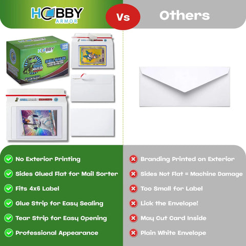 Shell Mailer Incognito Trading Card Envelopes, 100 Pack, size 7 x 4.35 inch, comparison with plain white envelope for mailing.