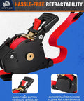 Close-up of 4 Pack Auto Retracting Ratchet Straps 1x10 Ft with quick press button and auto-retract mechanism for secure hauling.