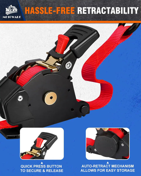Close-up of 4 Pack Auto Retracting Ratchet Straps 1x10 Ft with quick press button and auto-retract mechanism for secure hauling.