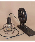 Two Pack Retro Industrial Pulley Wall Lamps Vintage Black Rust Metal Sconces E27 Socket with wire and pulley detail.