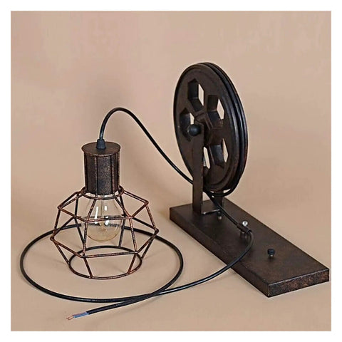 Two Pack Retro Industrial Pulley Wall Lamps Vintage Black Rust Metal Sconces E27 Socket with wire and pulley detail.