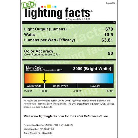 Bronze Trim Integrated LED Recessed Ceiling Light Five To Six Inch Retrofit Kit, 3000K Warm White, 90 CRI, 670 Lumens, Dimmable From Ten To One Hundred Percent With Approved Dimmers, Energy Star Rated, Fifty Thousand Hour Lifespan