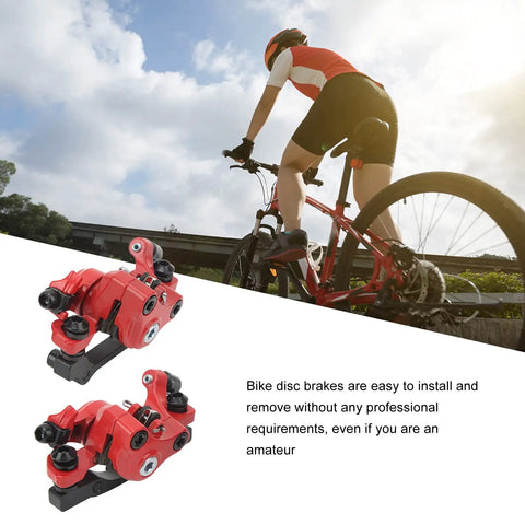 1 Pair Aluminum Alloy Mechanical Disc Brakes For Mountain Road Electric Scooter Cable Puller Kit in use on a red bicycle.