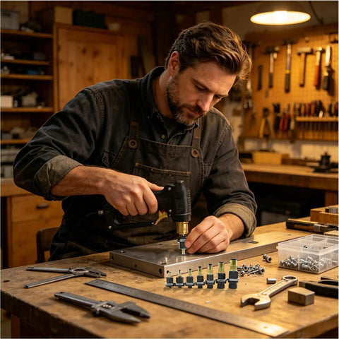 Heavy Duty 77Pc Rivet Nut Tool Kit For Metal Fabrication. Get Secure Riveting With Carbon Steel Set Perfect For Auto Repair And Assembly Jobs., man using rivet nut tool on metal sheet in workshop