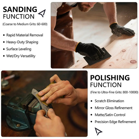 Man sanding wood with Top Notch 120 Grit Wet Dry Sandpaper Sheets Pack, 9 x 3.6 Inch, showing polishing in workshop