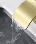 Brushed Gold Waterfall Bathroom Faucet, 8-Inch Widespread 3-Hole Sink Faucet, Solid Brass Valve, water flowing into a sink