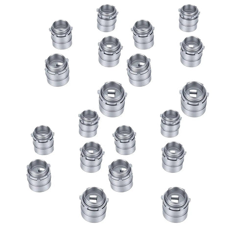 20-Pack of One-Inch Squeeze Conduit Connectors Crafted from Die Cast Zinc Alloy with Heavy-Duty Reversible Locking Nuts arranged.