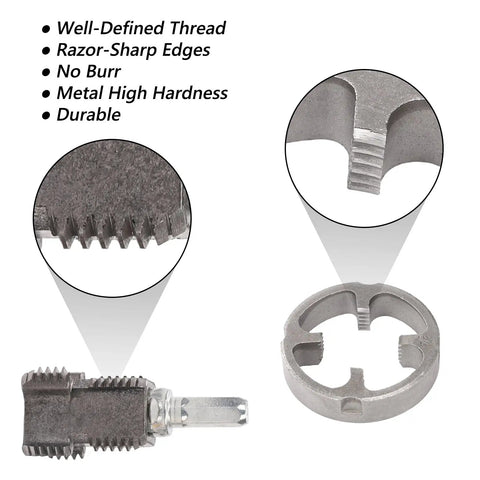 Close-up of Electric Drill PVC Pipe Threader Kit with 1/2 Inch 3/4 Inch and 1 Inch Dies showing thread detail and tool durability.