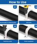 PVC conduit pipe strap clamp, white plastic, 32 mm, front view securing a black conduit.