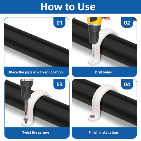PVC conduit pipe strap clamp, white plastic, 32 mm, front view securing a black conduit.