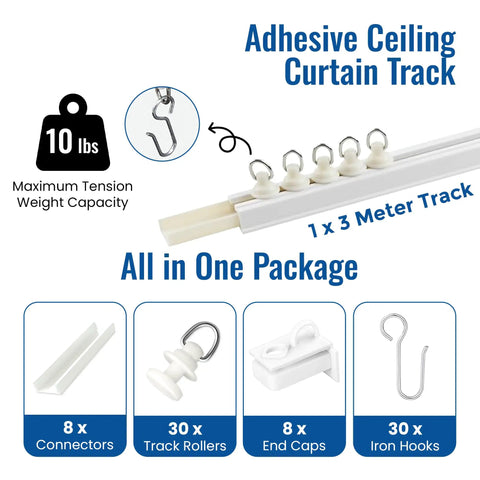 Self Adhesive Curtain Track For No Drill Ceiling Mount 3 M Long Window Drapery Rail With Strong Adhesive Tape Easy Install Instant Privacy On Demand Perfect For Temporary Or Permanent Curtain Setup., 1 x 3 meter PVC track with rollers and hooks, 10 lbs capacity