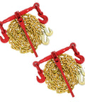 Heavy Duty Chain And Binder Set For Flatbed Tie Downs Three Eighths Inch By Ten Feet Chains With Two Ratchet Binders 9,200 Lbs WLL And 33,000 Lbs Break Strength Ideal For Trucks, featuring two sets of coiled gold chains and red binders.