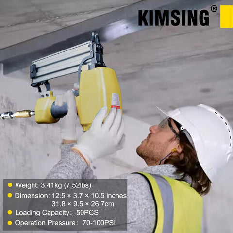 Person using 14 Gauge Air Concrete T Nailer With Three Quarter Inch To Two And A Half Inch Nails for ceiling installation