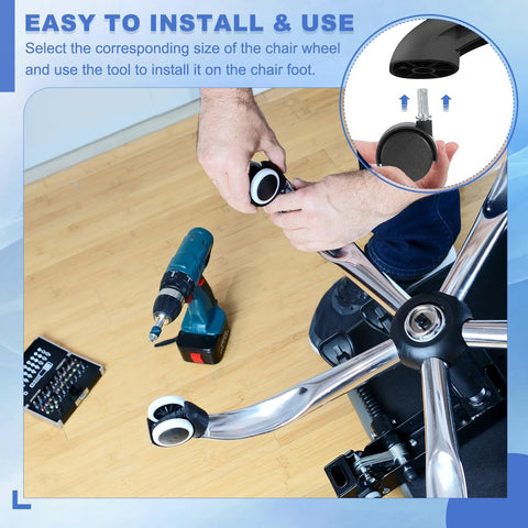 Person installing 8 Pack 2 Inch Nylon Office Chair Wheels Replacement Heavy Duty Casters using drill on hardwood floor