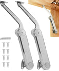 Two silver metal lid stay hinges (2-pack) with mounting plates, screws, and Allen key for upper and RV cabinets