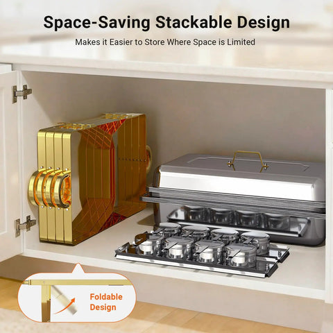 Super Sized Buffet Chafing Dishes Set with stackable design in cabinet, 4 full size stainless steel food warmers