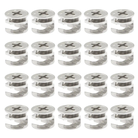Heavy Duty Zinc Alloy Cam Lock Fasteners 20 Pack With Knockout Grip Cabinet Assembly And Plywood Repair Using 15 Mm Connector Bolts.