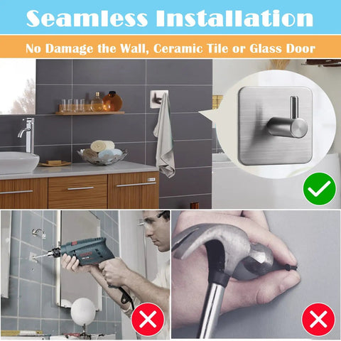 Heavy Duty Sticky Hooks 4 Pack Stainless Steel Wall Hanger Towel Hooks for Bathroom Kitchen, rustproof, no drill needed