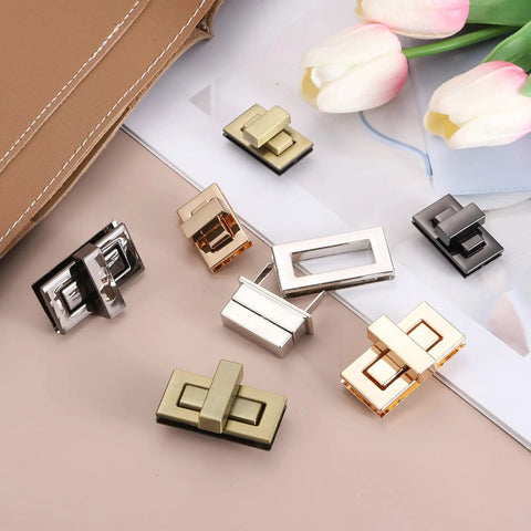 Light Gold Rectangular Twist Lock 2 Pack Purse Closure Hardware Secure Turn Clasp For DIY Handbag and Crossbody Bags displayed with various colors.