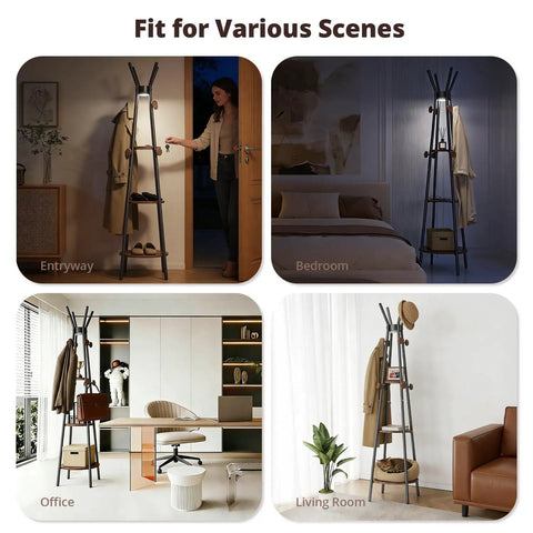 Freestanding Coat Rack With 3 Shelves And 12 Hooks, Motion Sensor Light in various home and office settings, black finish.