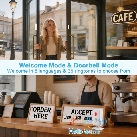 5-In-1 Wireless Door Alarm Chime With LED Lights and Welcome Doorbell in a cafe setting with order signs visible
