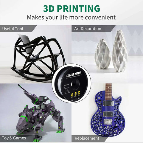 Clear PETG Filament 1.75mm 1kg Spool For 3D Printing shown with printed objects: chair, vases, toy robot, and guitar.