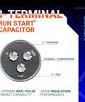 3-terminal labeled view of UL Certified Dual Round Run Capacitor 45/5 MFD 370V Or 440V 50/60 Hz CBB65 For AC Motors, Fans, Or Condensers, 2 Pack