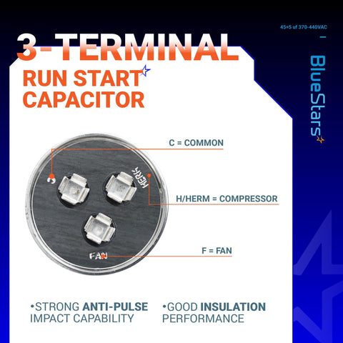 3-terminal labeled view of UL Certified Dual Round Run Capacitor 45/5 MFD 370V Or 440V 50/60 Hz CBB65 For AC Motors, Fans, Or Condensers, 2 Pack