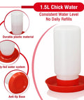 Automatic Chick Feeder And Waterer Set No Waste Brooder Kit For Baby Chicks Ducks And Quail Includes One Liter Drink Dispenser And One Kilo Feed Hopper, 1.5L gravity-fed chick waterer with anti-tip base.