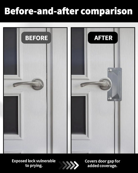 Before-and-after comparison of the Badass Carbon Steel Door Latch Guard And 3X7 Inch Security Reinforcement Plate For Outswing Doors.