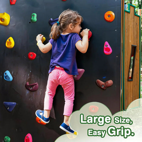 Child climbing on wall using 32 Piece Rock Climbing Holds Set For Kids And Adults, Kid Friendly Colorful Plastic Wall Grips