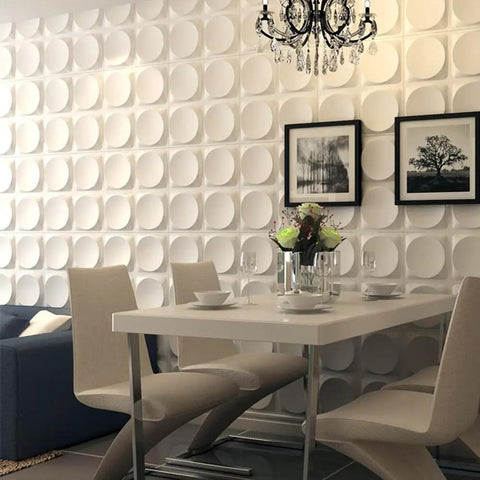 White 3D Wall Panels Moon Surface Design Set Of 12 Tiles Covering 32 Sq Ft Waterproof Paintable in a modern dining room setup