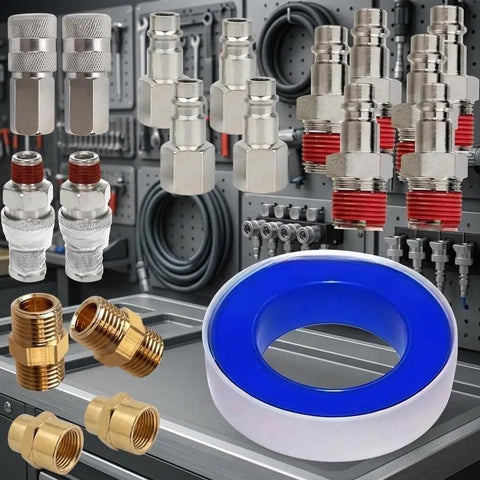 Super Quick Connect Air Coupler Kit For Compressor Tools With Premium Brass And Steel Pneumatic Fitting Set In 1/4 Inch NPT Size For Garage Auto Shop Use To Maximize Workflow Efficiency Today. 19-piece brass steel fittings with PTFE tape