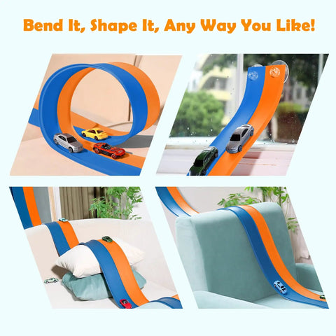 15 Ft Flexible Race Track For Kids 3 Plus Roll Up Portable Starter Set With Strong Suction Cups For One Sixty Four Scale Diecast Cars