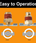 Six Piece Drainage Valve With Wing Nut Handle For 1/4 NPT Inlet, shown with open and closed positions, easy to operate