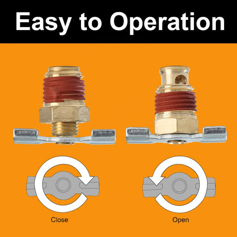 Six Piece Drainage Valve With Wing Nut Handle For 1/4 NPT Inlet, shown with open and closed positions, easy to operate