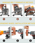 Compact Electric Mini Belt Sander Featuring Slick 7 Speed Controls And Hella Precise Angle Adjustments For Wood Metal Projects Plus Complete Polishing Sanding Kits To Nail Any Shop Task With Badass Stability And Top Shelf Finish Quality, showing belt dismantle and grinding wheel installation methods.