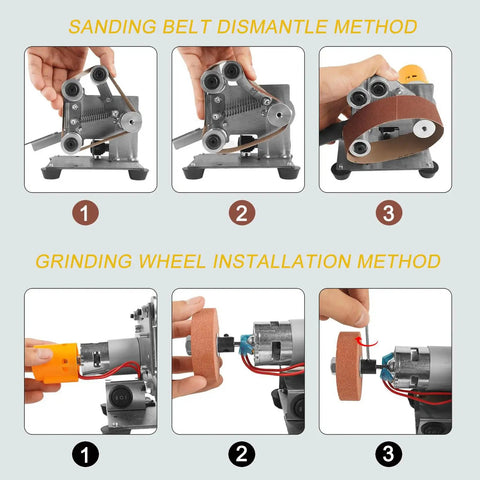 Compact Electric Mini Belt Sander Featuring Slick 7 Speed Controls And Hella Precise Angle Adjustments For Wood Metal Projects Plus Complete Polishing Sanding Kits To Nail Any Shop Task With Badass Stability And Top Shelf Finish Quality, showing belt dismantle and grinding wheel installation methods.
