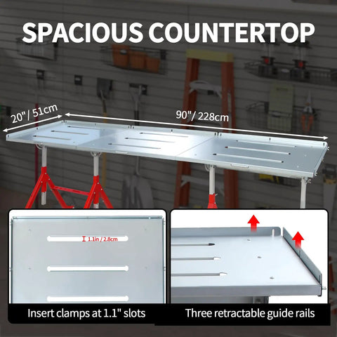 Built Tough Steel Welding Table 90 X 20 Inches With Adjustable Angle And Height Retractable Guide Rails 650 Pound Capacity spacious metal workbench with guide rails.