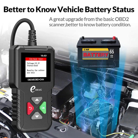 YA101 Upgraded OBD2 Scanner Auto Code Reader For Check Engine Light O2 Sensor EVAP Test beside car engine and battery status