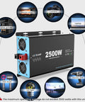 Beefy 2500W Pure Sine Wave Inverter With Transfer Switch, images of compatible devices like camera, electric oven, and laptop