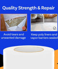 Badass 4 Inch X 180 Foot Vapor Barrier Tape Rock Solid 9 Mil White Polyethylene Sealant For Crawl Spaces, shown on sealant roll.
